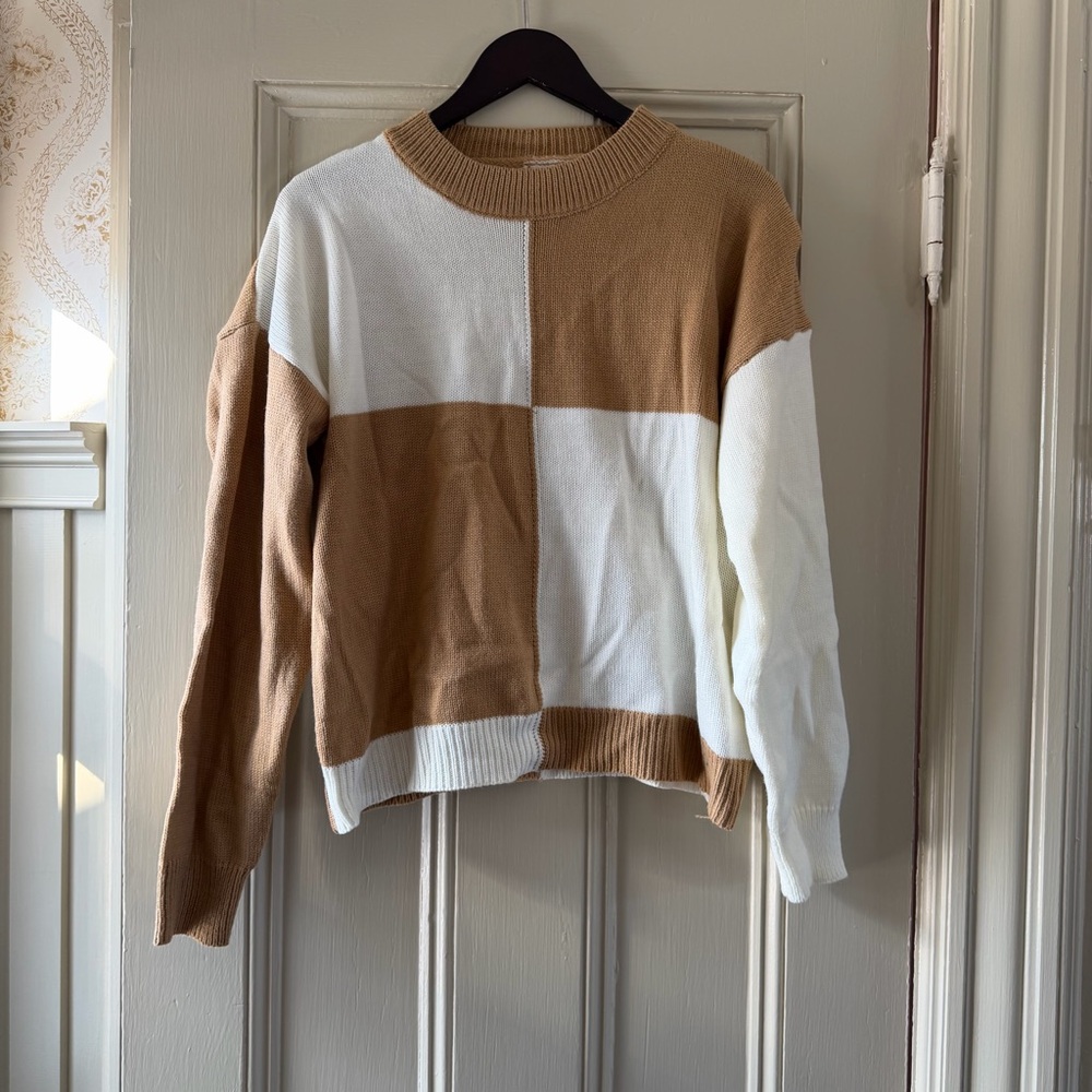 Goodnight Macaroon Tan and White Color Block Sweater